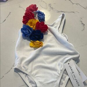 Janie and Jack Red and White One Piece Swimsuit with Floral Design